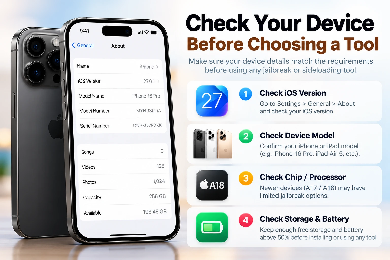 Check iOS version, iPhone model, chip, storage and battery before choosing a jailbreak or sideloading tool