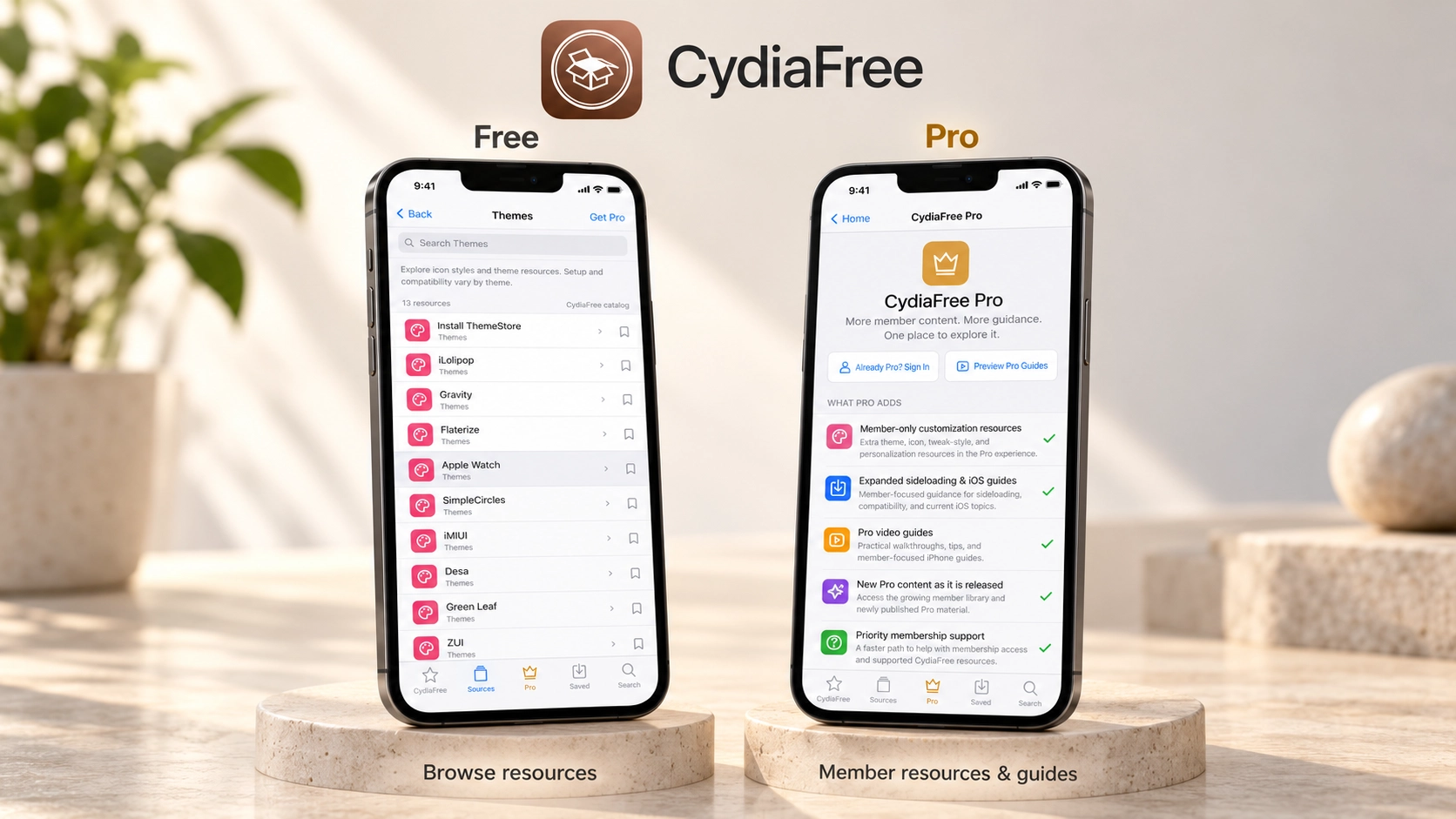 Two iPhones illustrating the free CydiaFree catalogue and Pro membership resources.