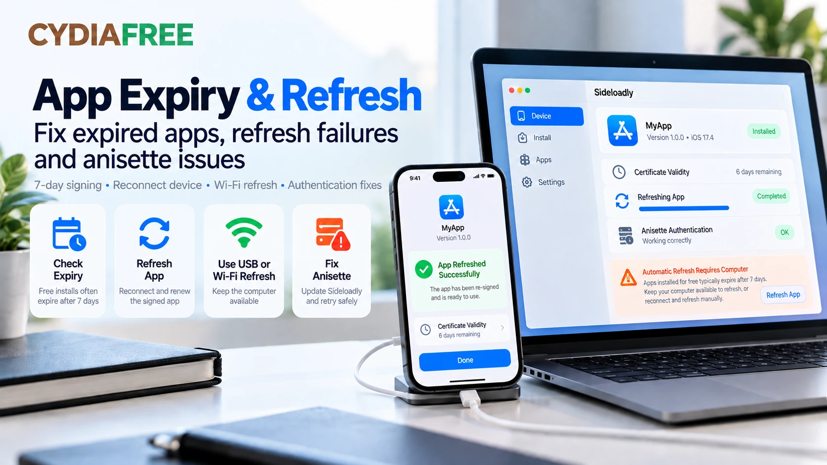 Sideloadly app expiry and refresh troubleshooting for 7-day signing, Wi-Fi refresh and anisette authentication issues