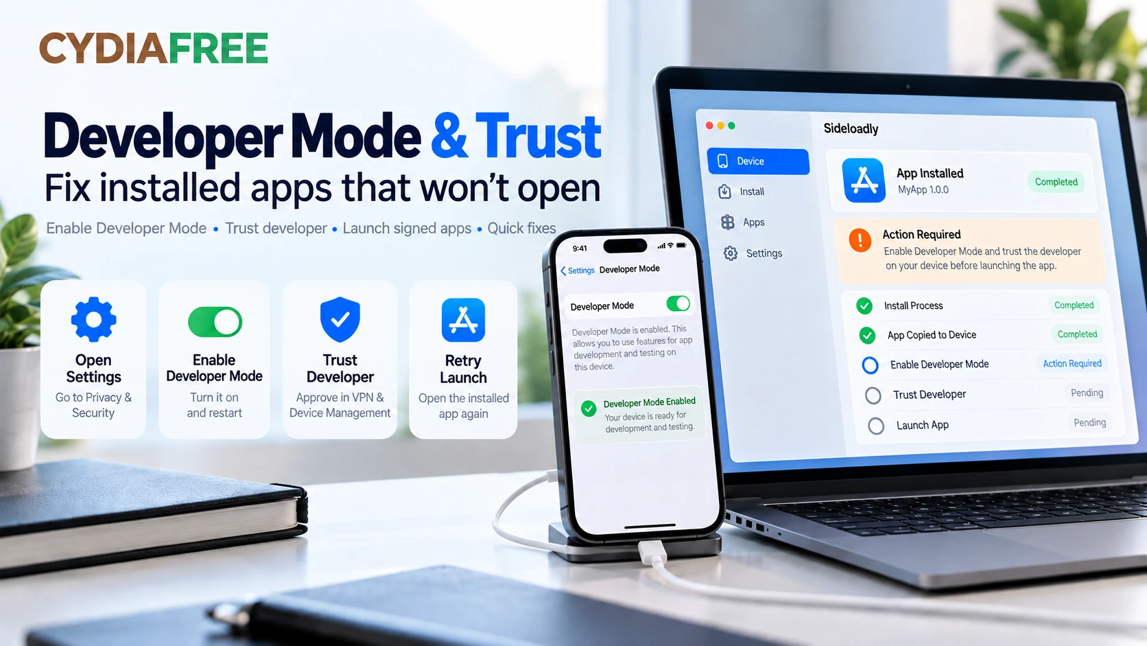 Sideloadly developer mode and trust troubleshooting on iPhone for installed apps that will not open
