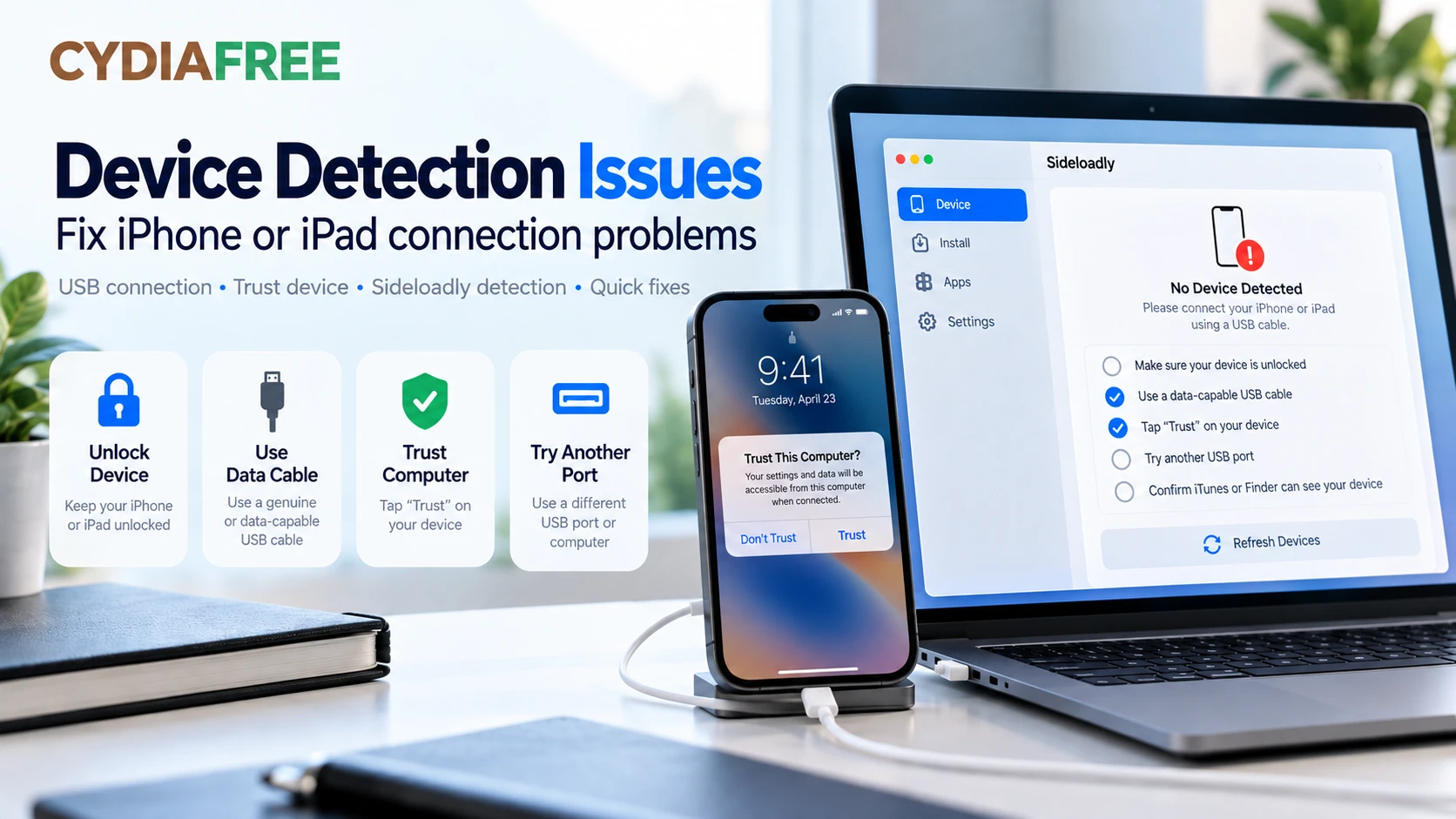 Sideloadly device detection troubleshooting for iPhone and iPad USB connection and Trust This Computer issues