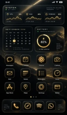 A customized modern iOS Home Screen with aesthetic themes.