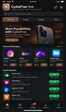 CydiaFree Online App interface displaying themes and tweak listings.