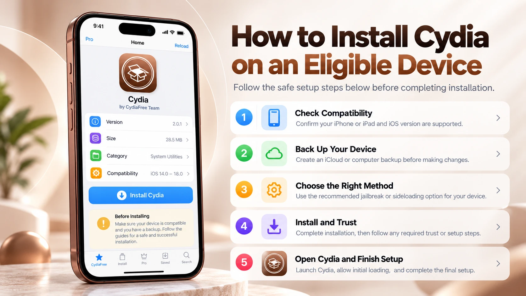How to install Cydia on an eligible iPhone or iPad with compatibility check, backup and setup steps