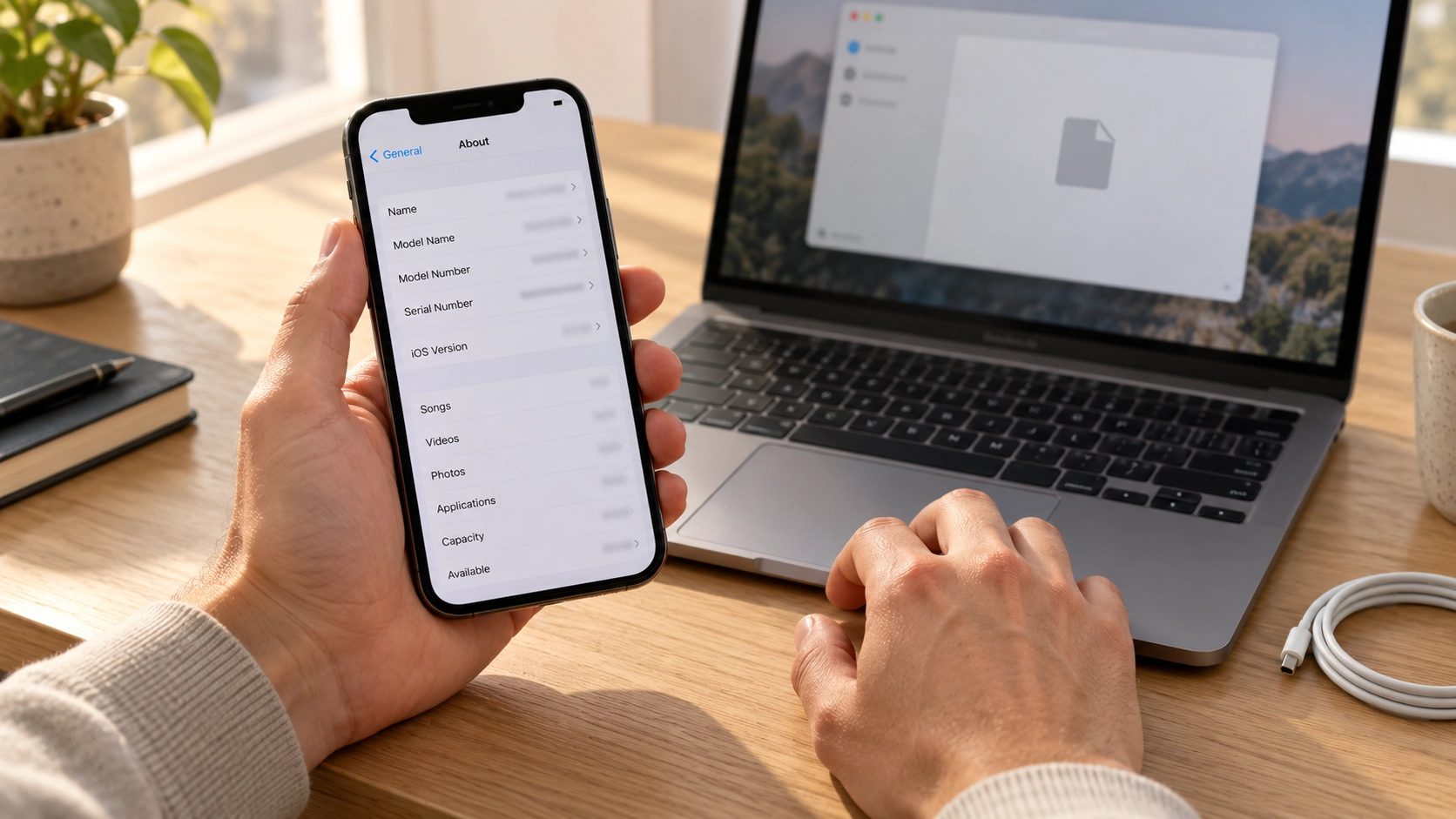 Person checking an iPhone beside a laptop and USB cable before choosing an app installation method.