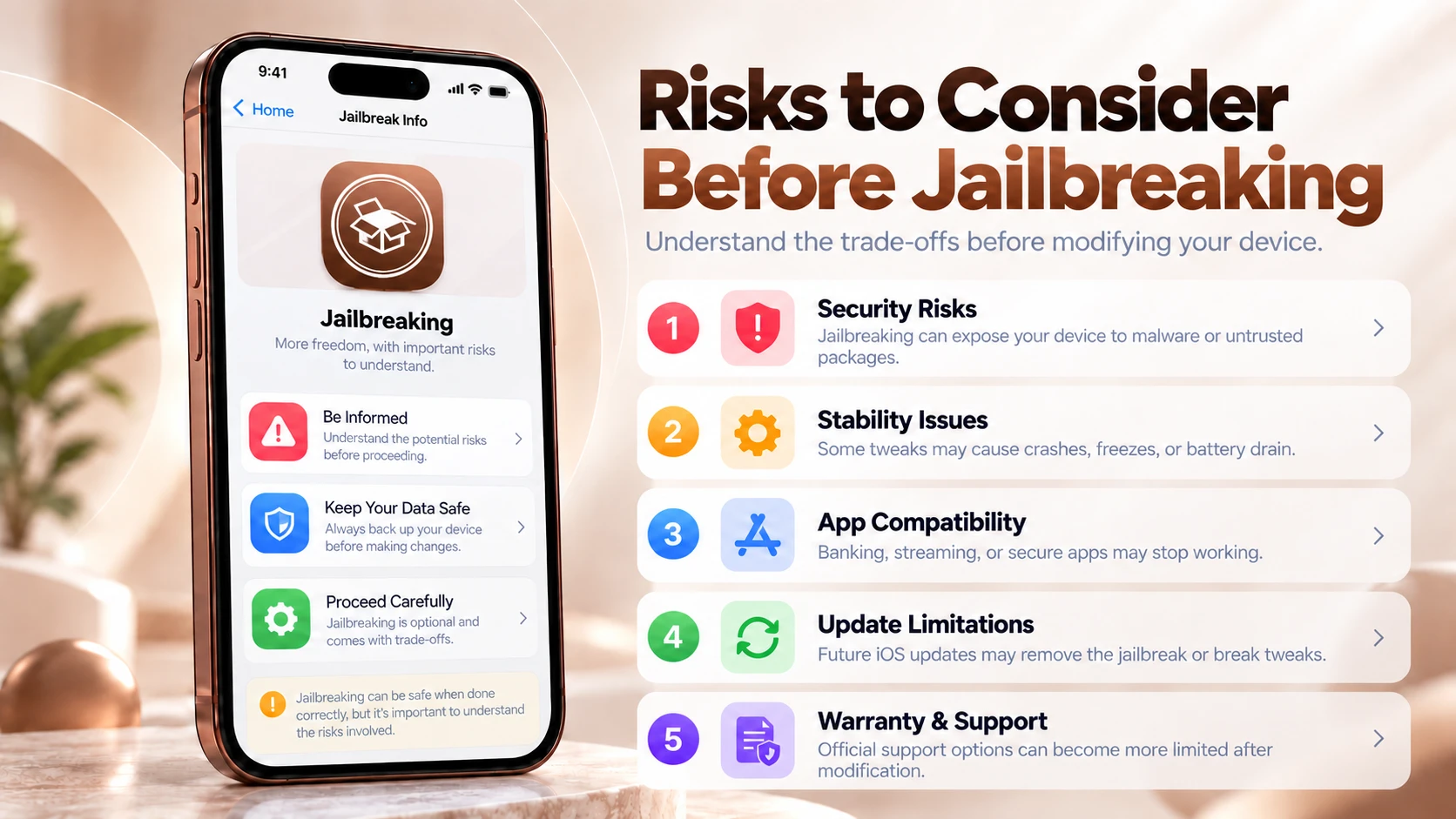 Risks to consider before jailbreaking an iPhone, including security, stability, app compatibility, updates and support