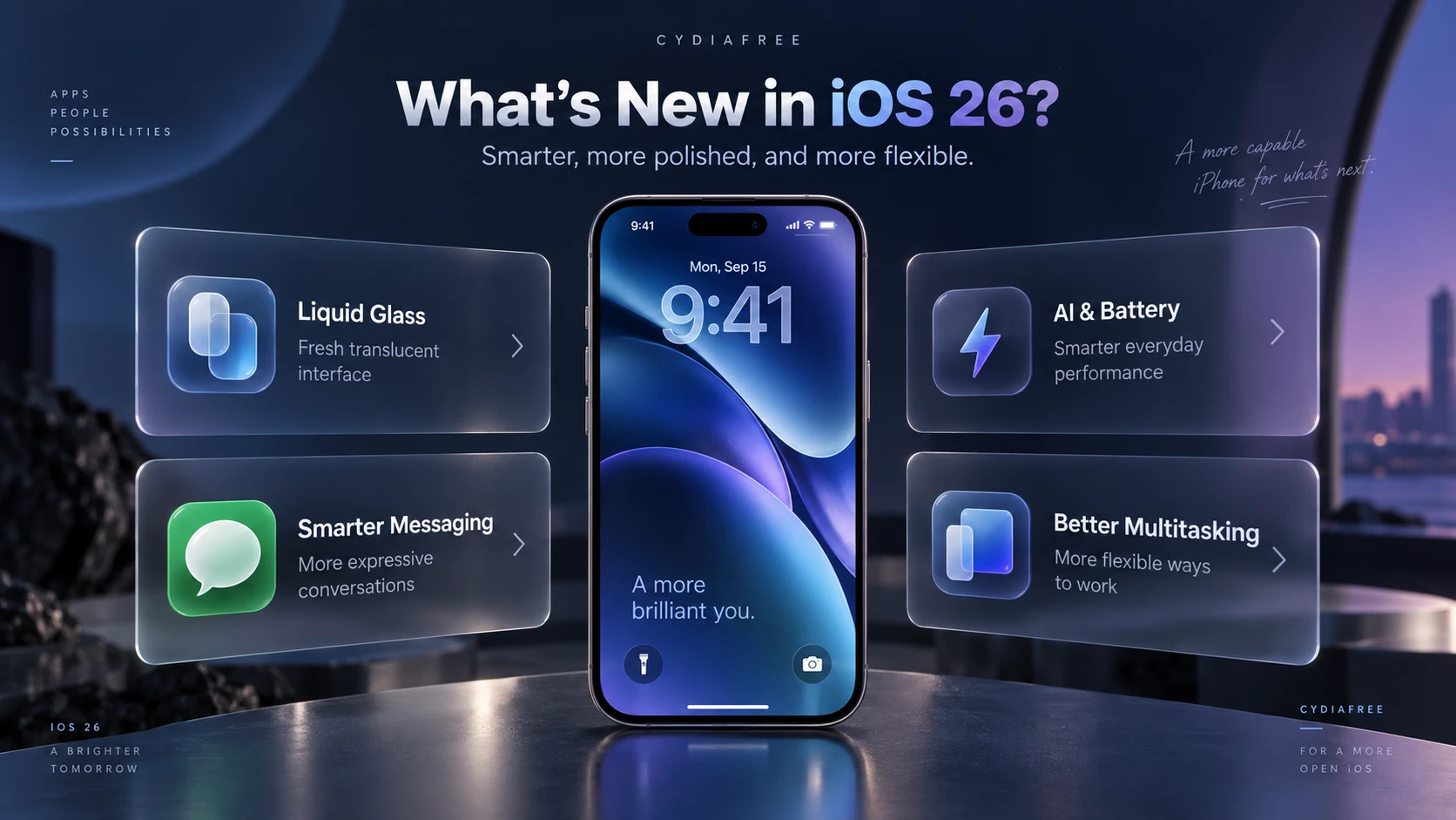 New iOS 26 features including Liquid Glass, AI, messaging, and multitasking